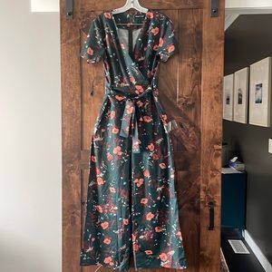 Hunter Green wide Leg floral Jumpsuit faux wrap top flower print sz Large